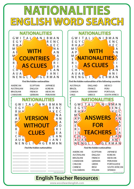 Nationalities in English Word Search - ESL Teacher Resource